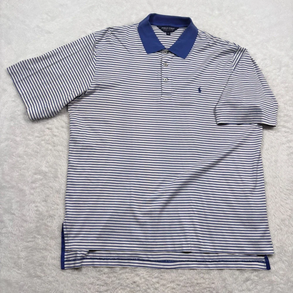 Polo Golf Ralph Lauren Polo Shirt Men XL Blue White Stripe Pima Cotton Short Slv